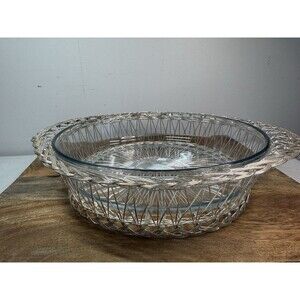 Vintage Silver Tone Woven Wire Casserole Holder W/marinex Dish Blue Hue 13x10x3